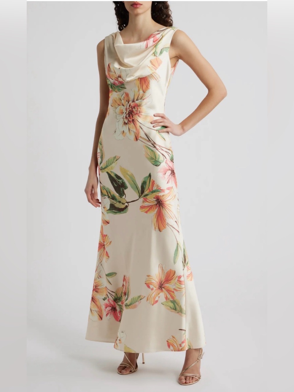 Eliza J Floral Cowl Neck Satin Gown Sleeveless Cream Floral Cowl-Neck Maxi Dress